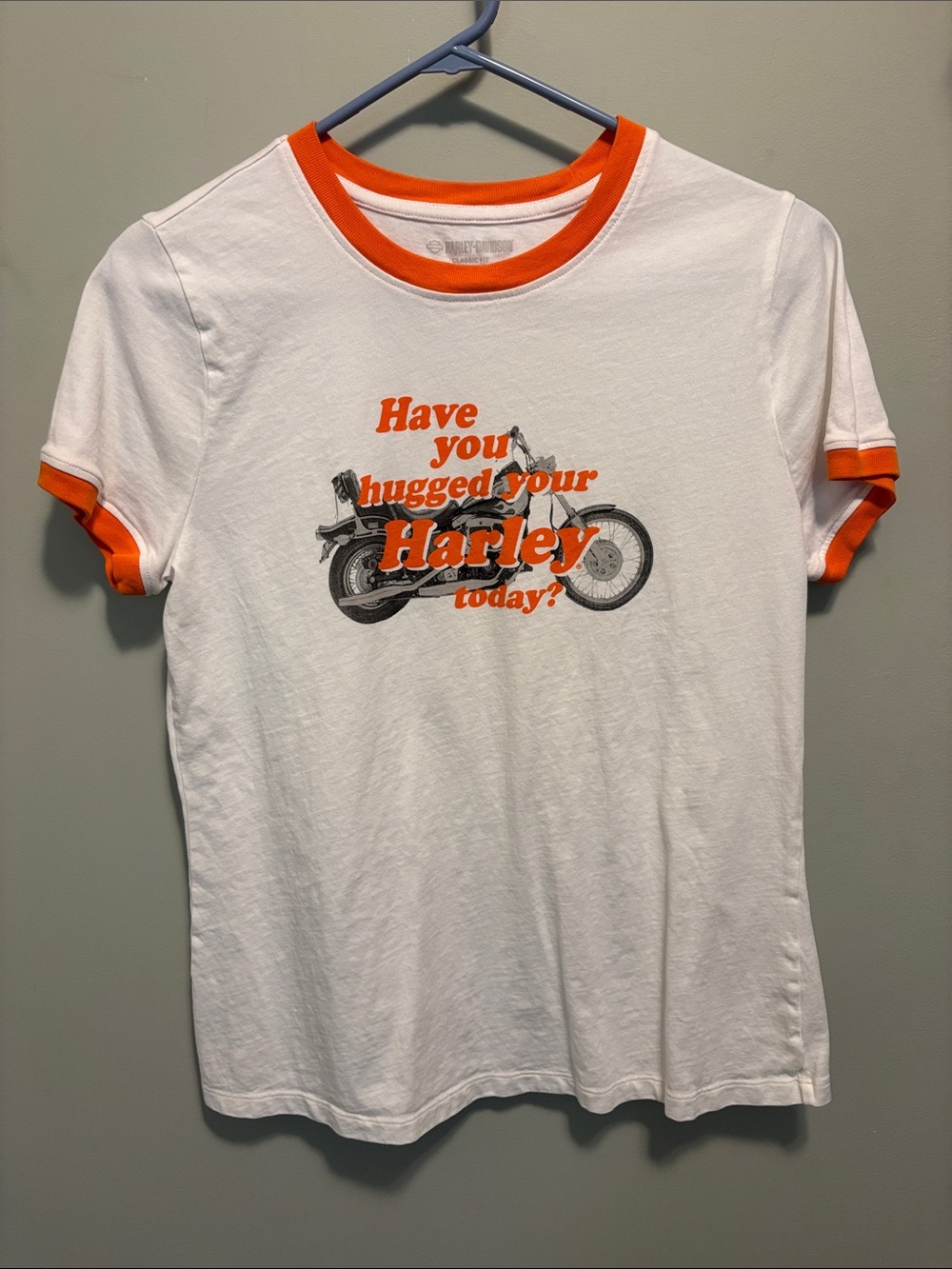 Harley-Davidson White Tee with Orange Ringer Trim and Motorcycle Graphic